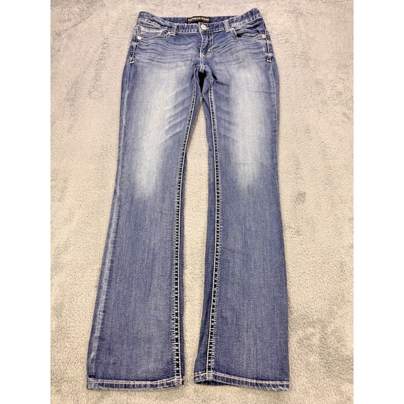 Express Stella Jeans Women 8L (32x33) Blue Stitch Whiskered Barely Boot Denim - Picture 2 of 9